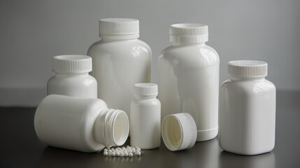 Assorted White Plastic Pill Bottles on Gray Background