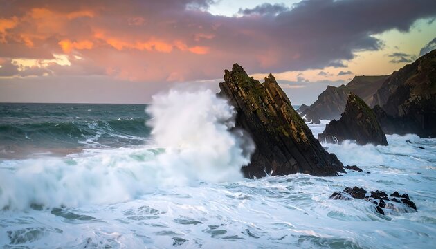 Dramatic waves crashing on rocks at sunset
