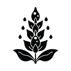 Vector art of stylized black icon of a plant with dripping water droplets, , representing growth and purity