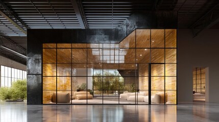Modern and industrial-looking room with a high ceiling and large windows. the room has a large glass wall that extends to the floor, allowing natural light to enter the space.