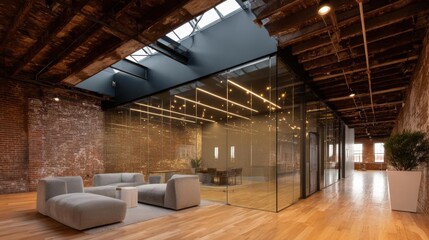 Modern and industrial-looking room with a high ceiling and exposed brick walls. the room has a large glass wall that extends to the right side of the image, allowing natural light to enter the space.