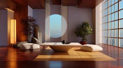 Modern and luxurious living room with a large window on the right side. the room has a high ceiling with wooden beams and a wooden floor.