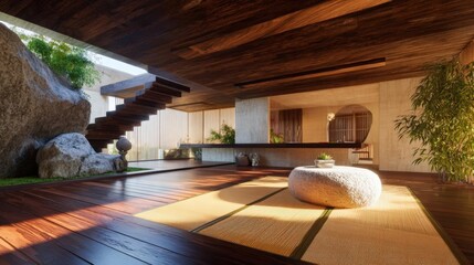 Modern and luxurious interior of a room with a wooden floor and a large rock on the left side. the room has a high ceiling with wooden beams and a wooden staircase on the right side.