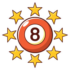Cartoon eight ball surrounded by stars isolated on white background, a fun and playful design