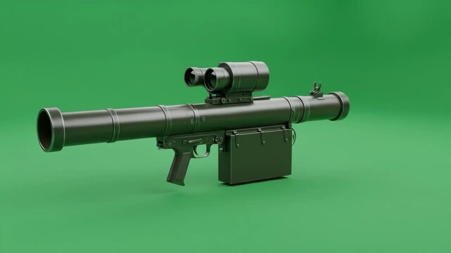 Man-Portable Air-Defense System on Green Screen - A detailed 3D video of a man-portable air-defense system (MANPADS) is shown against a chroma key green background.