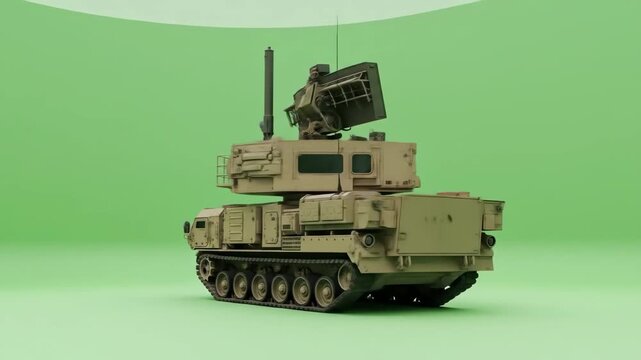 Mobile Air Defense Radar System on Green Screen - Rear view of a military mobile air defense radar vehicle, isolated on a green screen background. - Powered by Adobe