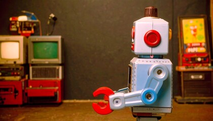 Retro robot toy stands amidst vintage televisions and arcade  in a dimly lit room.