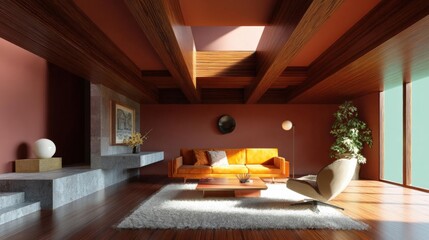 Modern living room with a high ceiling and wooden beams. the walls are painted in a warm orange color, and the floor is made of light-colored wood.