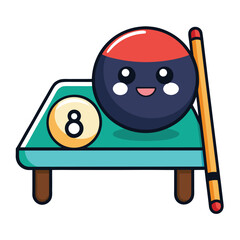 Cute cartoon billiard ball and eight ball on a pool table isolated on white background