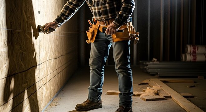 Builder using chalk line on plywood wall wearing tool belt and jeans in construction site setting