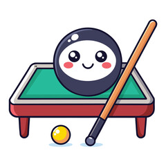 Cute cartoon billiard ball and yellow ball on a pool table with cue isolated on white background