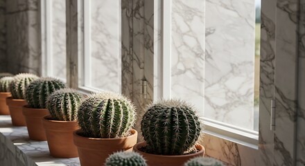 Obraz premium Cactus display against marble patterned background creating a serene botanical window arrangement