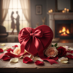 Heart-shaped gift box with a red satin bow surrounded by rose petals and roses, with a romantic fireplace and silhouette of a couple in the background