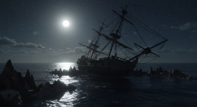 Mysterious wreck of a sailing ship at night