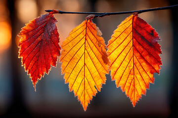 Obraz premium Frosted autumn leaves on a branch against a blurred background.