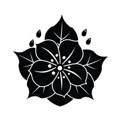 Vector art of stylized black and flower with multiple petals and water droplets
