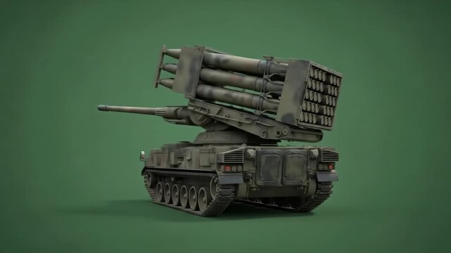 MLRS Rocket Launcher Rear View Green Screen - A rear view of a Multiple Launch Rocket System (MLRS) on a green screen background. The rocket pods are visible and ready for action.