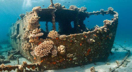 Rusty shipwreck underwater coral reefs