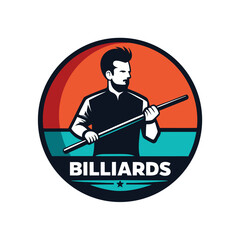 Billiards logo featuring a man holding a cue stick in a round emblem isolated on white background