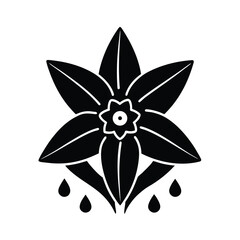 Vector art of stylized black daffodil flower with petals and leaves, , with three water drops below