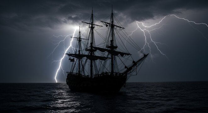 Silhouette of ship in stormy sea dark night lightning