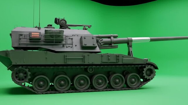 Self-Propelled Howitzer on Green Screen - A detailed 3D video of a self-propelled heavy howitzer on a tracked chassis, set against a chroma key green screen background.