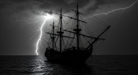 Obraz premium Stormy sea silhouette sailing ship