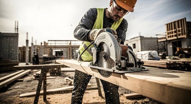 Construction worker cutting wood with a circular saw on site wearing safety gear and a hard hat outside