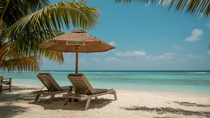 Two lounge chairs under a thatched umbrella on a tropical beach 2