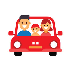 A happy family of three is driving in a red car, isolated on white background vector illustration
