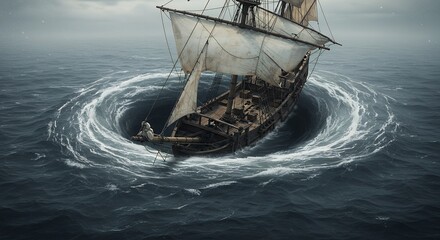Vintage ship swirling vortex sea