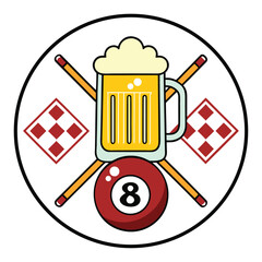 Beer mug with billiard elements in a circle, perfect for pub or bar design isolated on white background