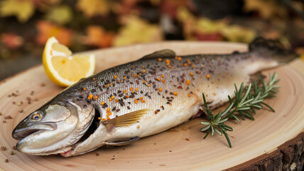 Whole trout with herbs and spices on a wooden board with autumn leaves background