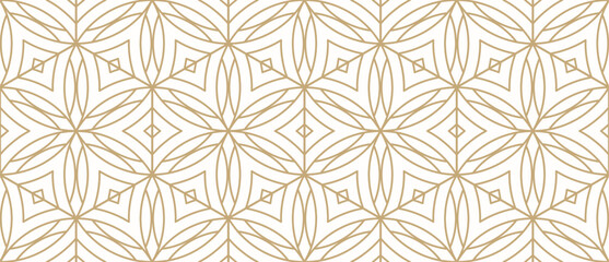 Golden vector linear geometric seamless pattern with floral silhouettes, leaves, hexagonal grid, thin lines. Gold and white abstract texture. Oriental geometric background. Repeated luxury geo design