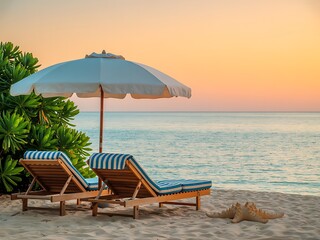 Obraz premium Two lounge chairs under umbrella on tropical beach at sunset