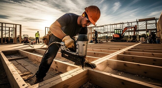 Construction worker using nail gun on wooden frame at building site under a bright sky with machinery