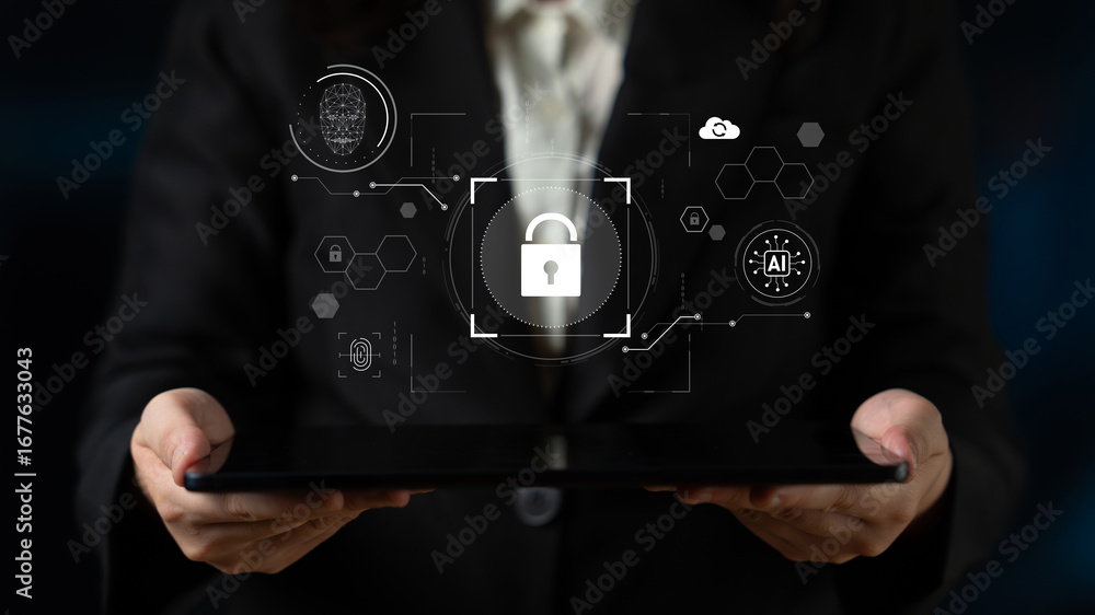 Poster ai cyber security system using biometric authentication and privacy control. cyber security protects