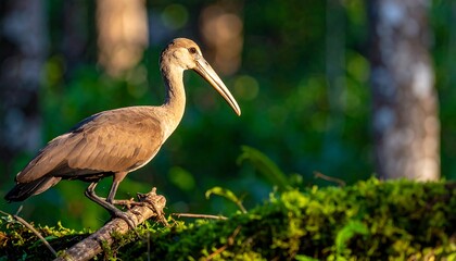 Fototapeta premium A light-brown bird perches gracefully on a branch overgrown with lush greenery, highlighting the vibrant natural surroundings.