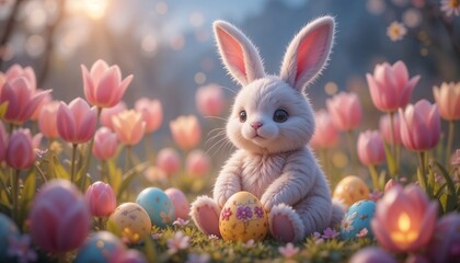 Charming Easter bunny plush with magical spring mood, sitting among tulips and glowing Easter eggs, vibrant garden background