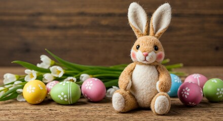 Obraz premium Easter bunny plush toy sitting on wooden table with colorful painted eggs and spring flowers, soft natural light