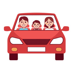 A happy family is enjoying a road trip in their red car isolated on white background