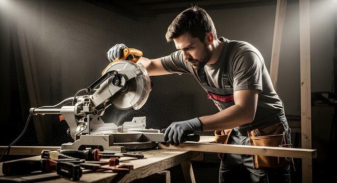 Man using a miter saw to cut wood in a workshop with tools and sawdust illuminated by bright light