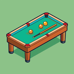 Isometric view of a billiard pool table with balls and cue isolated on white background