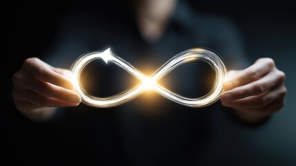 Sustainability Manager Hands Connecting Glowing Arrow into Infinite Loop, Minimalist Background, Zero-Waste, Recycling, and Circular Economy Concept with Green Accent Light