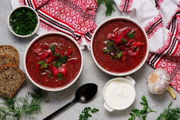 Ukrainian borscht with sour cream in bowls. top  view. .style hugge