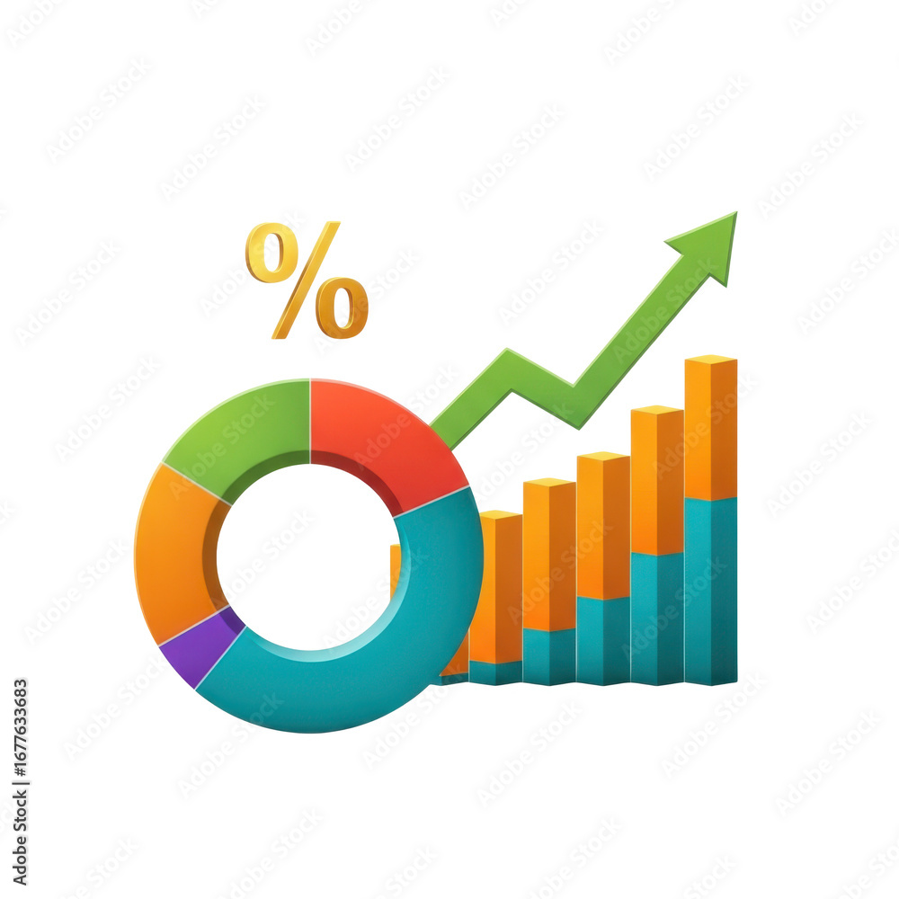 Poster financial growth and data analysis pie chart bar graph with upward arrow and percentage symbol trans