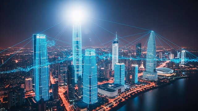 Futuristic smart city skyline with digital network overlay at night