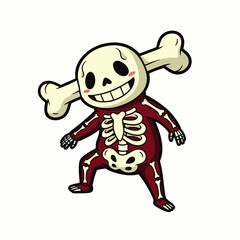 A cheerful cartoon skeleton figure wearing a red costume with a large bone through its head, smiling widely and posing playfully on a white background.