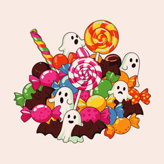 A delightful, colorful pile of Halloween candy featuring spooky ghosts, playful bats, and an assortment of sweet treats perfect for festive celebrations.