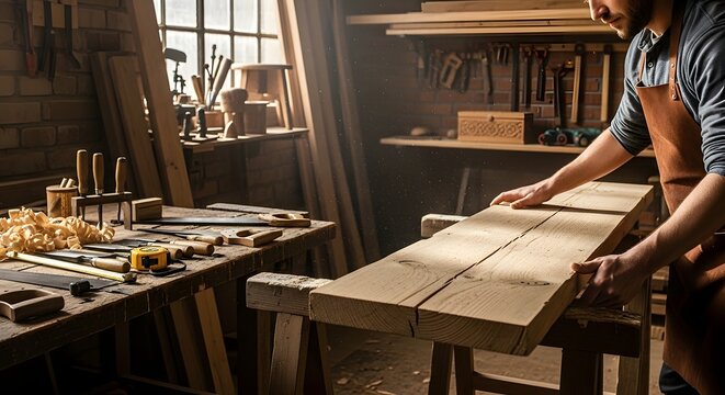 Man working with wooden plank in carpentry workshop with tools and natural light coming through window
